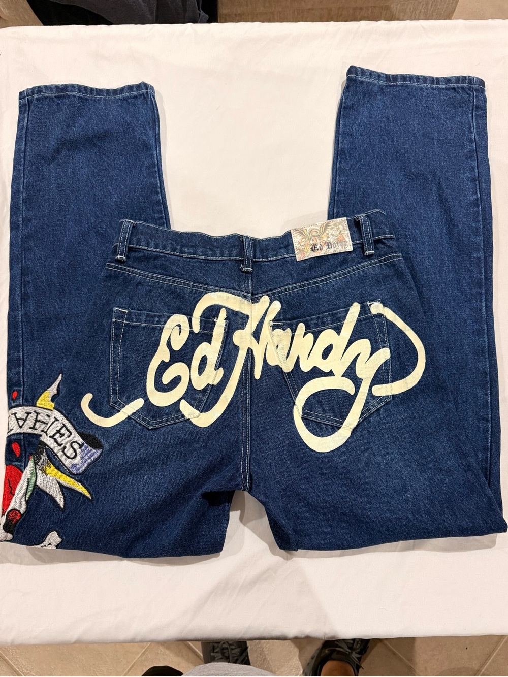 Ed Hardy Dark Blue Denim Jeans with Cream Script and Multicolor Embroidery